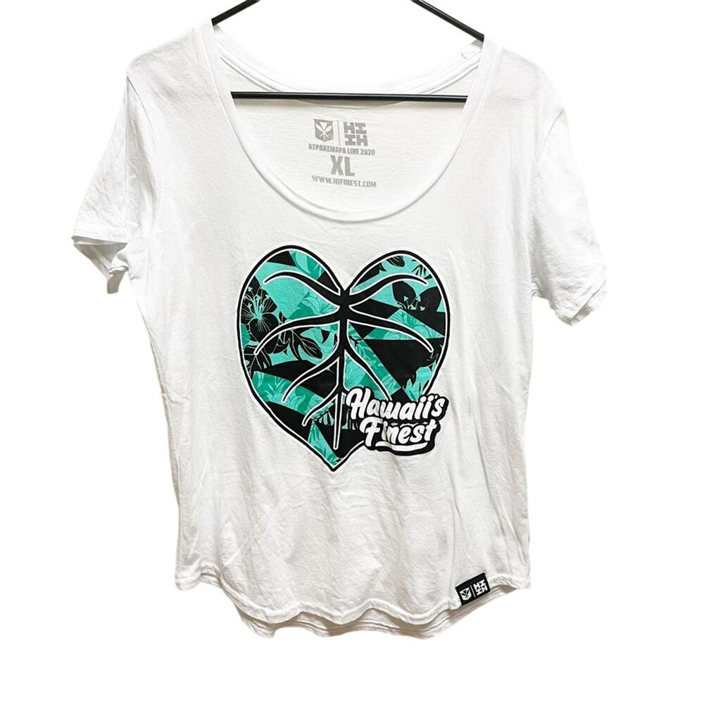 Hawaii’s Finest White Scoop Neck Luau Leaf Design XL